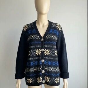 Chaus Black and Blue Patterned Cardigan Sweater